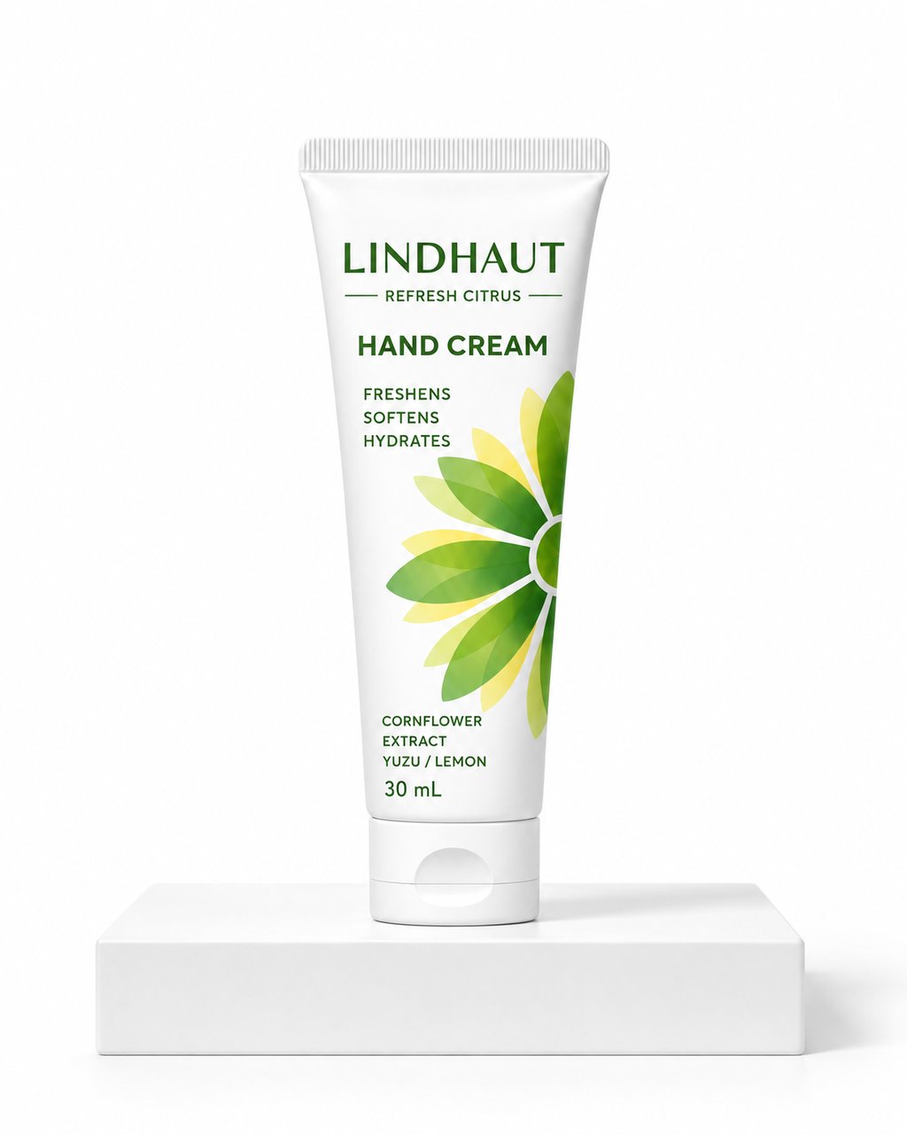 LINDHAUT Refresh Citrus hand cream, 30 mL tube standing on a white block