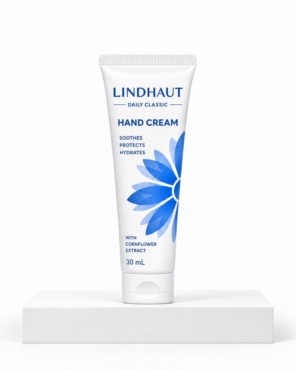 LINDHAUT Daily Classic hand cream, 30 mL tube standing on a white block