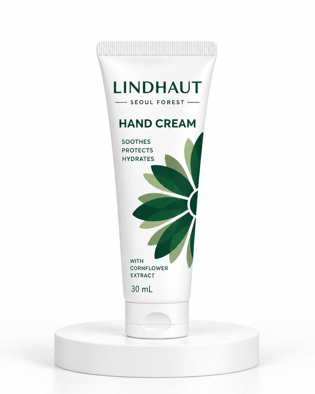 LINDHAUT Seoul Forest hand cream, 30 mL tube standing on a white block