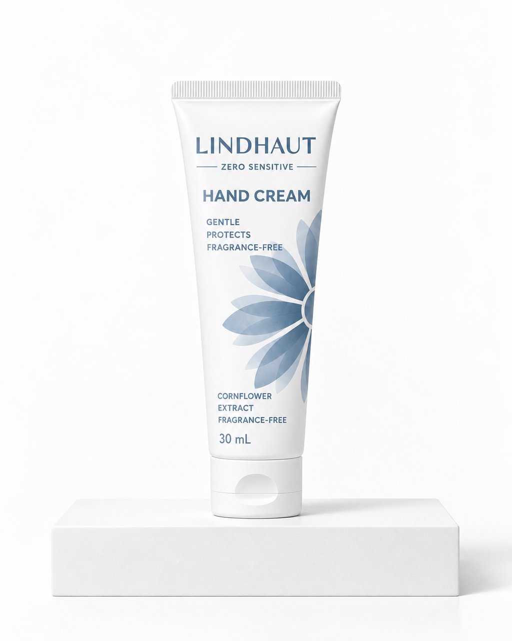 LINDHAUT Zero Sensitive hand cream, 30 mL tube standing on a white block